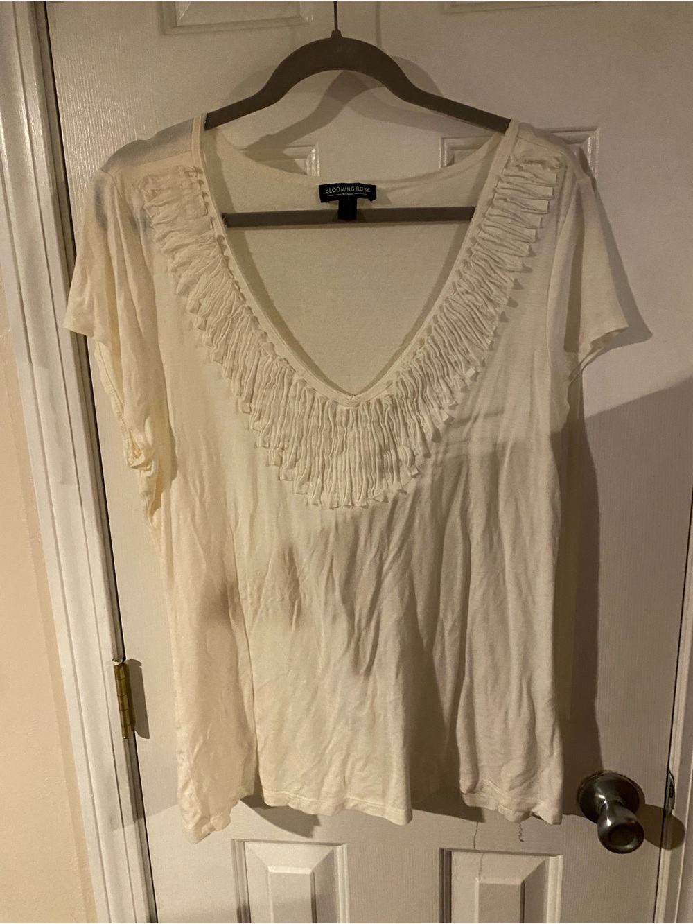 Blooming Rose Cream V-Neck Fringe Short Sleeve Tee
